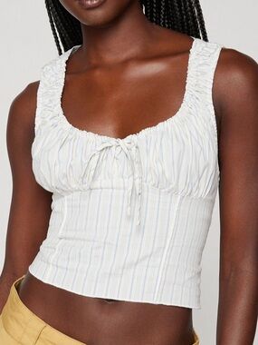 Urban Outfitters White & Light Blue Striped Ruched Tie-Front Crop Top